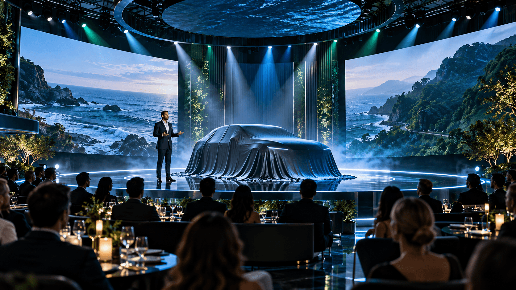 Premium new-product unveiling with cinematic blue stage lighting