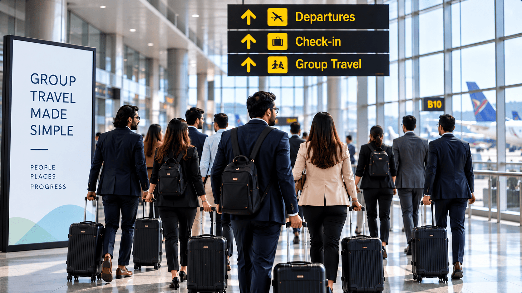 Corporate group travellers at an airport for a GetSetGo MICE programme